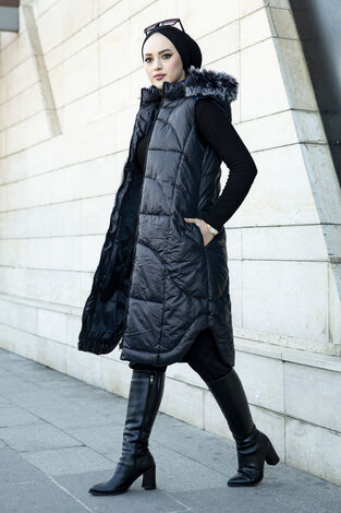 Oval Kesim Tesettür Şişme Yelek Siyah - Thumbnail