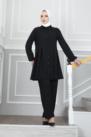 Pile Detaylı Tesettür İkili Takım Siyah - Thumbnail