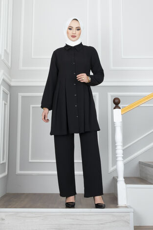 Pile Detaylı Tesettür İkili Takım Siyah - Thumbnail