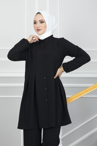 Pile Detaylı Tesettür İkili Takım Siyah - Thumbnail