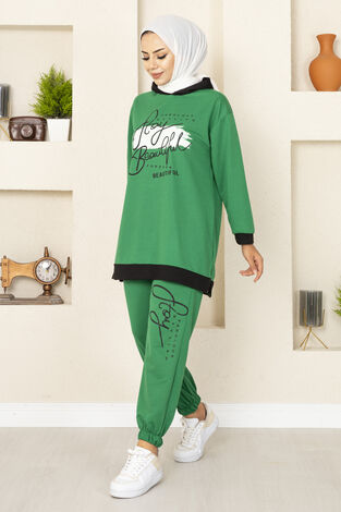 Stay Beautiful Baskılı İki Tesettür Takım Zümrüt - Thumbnail