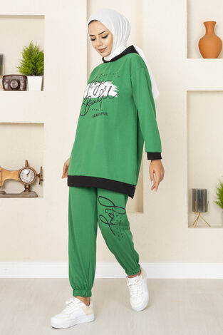 Stay Beautiful Baskılı İki Tesettür Takım Zümrüt - Thumbnail