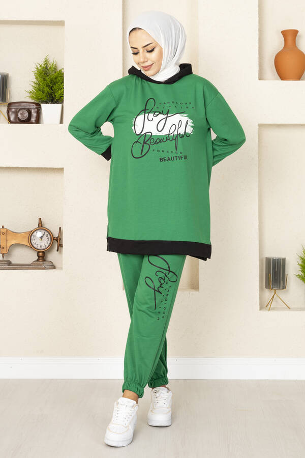 Stay Beautiful Baskılı İki Tesettür Takım Zümrüt